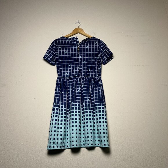 Yumi Bird Grid Pattern Dress Skirt Midi Women XS–S Zip Plaid Blue Tunic Summer - Picture 1 of 14